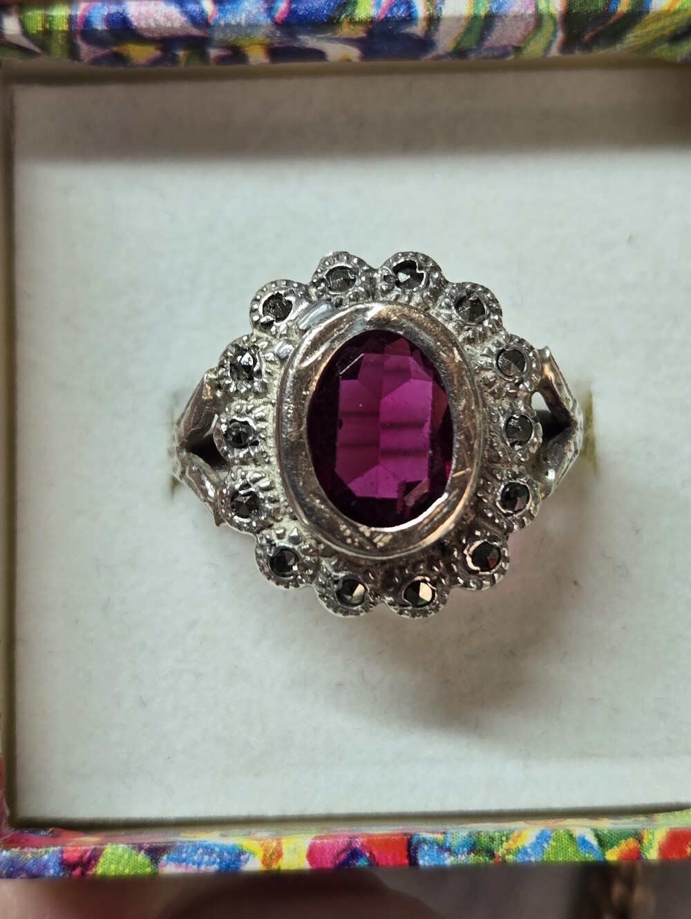Vintage Sterling Silver 10k Gold Top Ring with Deep Pink Oval Stone